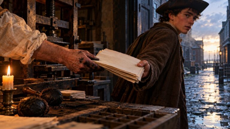 Ink-stained printer’s hands pass a packet of rag paper to a young messenger leaving a colonial workshop at dawn.