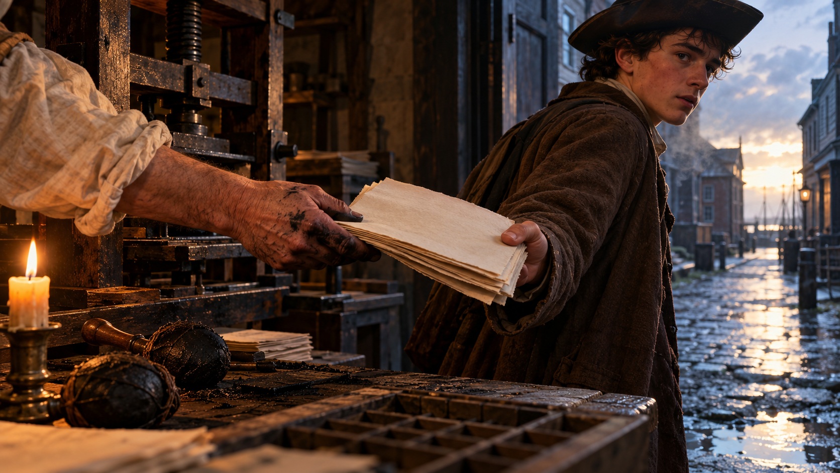 Ink-stained printer’s hands pass a packet of rag paper to a young messenger leaving a colonial workshop at dawn.