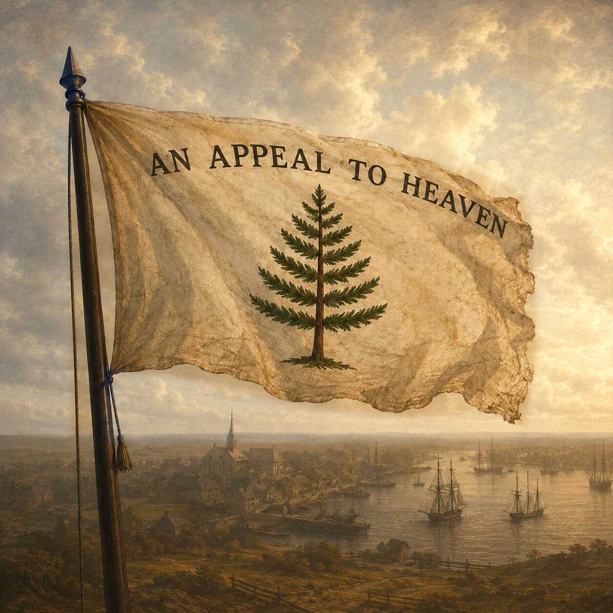 The Covenant Project — George Washington's pine tree flag, An Appeal to Heaven, flying above a colonial harbor with ships at anchor.