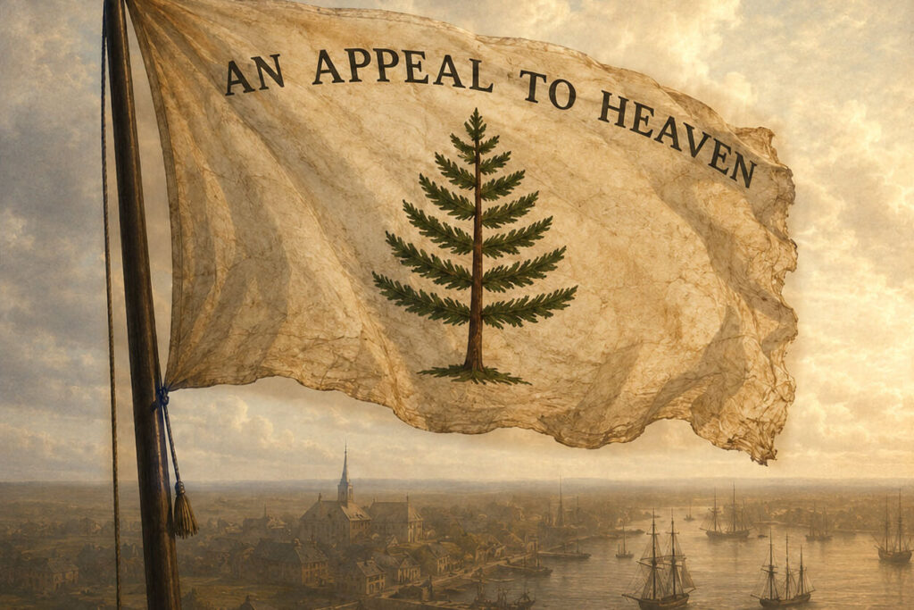 An Appeal to Heaven flag flying above a colonial harbor town at dawn, ships at anchor beyond