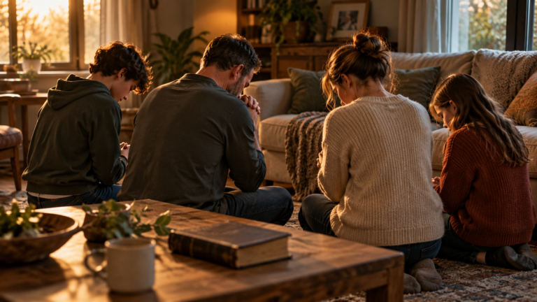 A family kneels together in prayer beside a sofa at dawn.