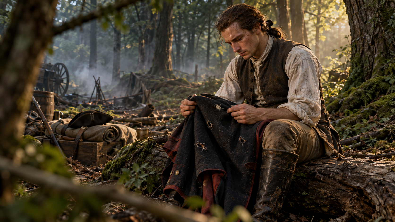 A young Washington examines holes in his coat after battle.