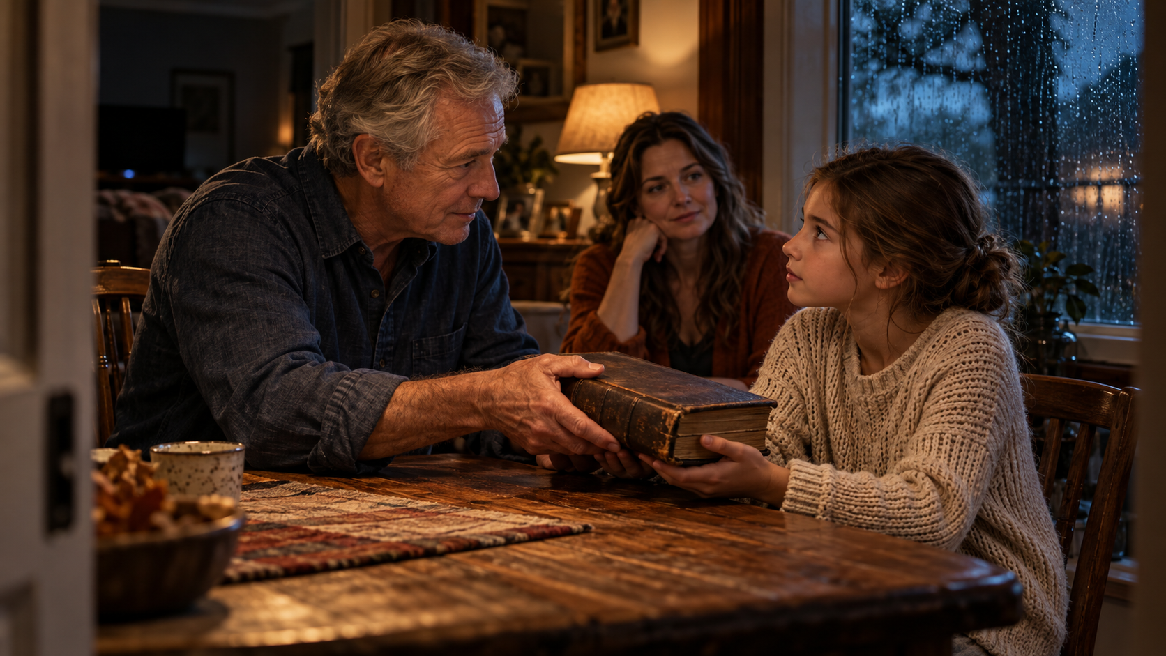 A grandfather hands a well-worn family Bible to a child at the kitchen table.
