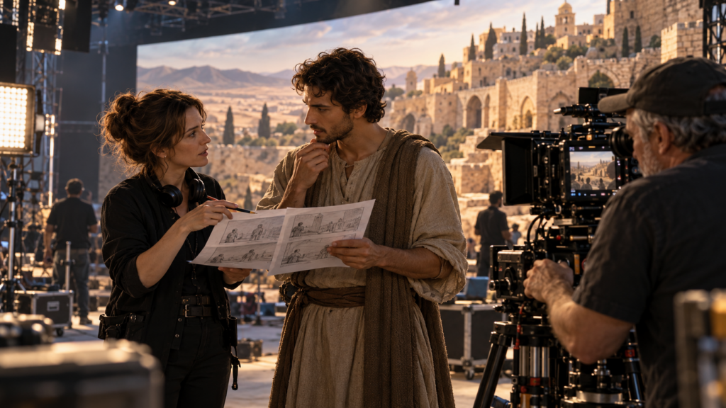 A director, actor, and cinematographer work together on an imagined virtual production stage.