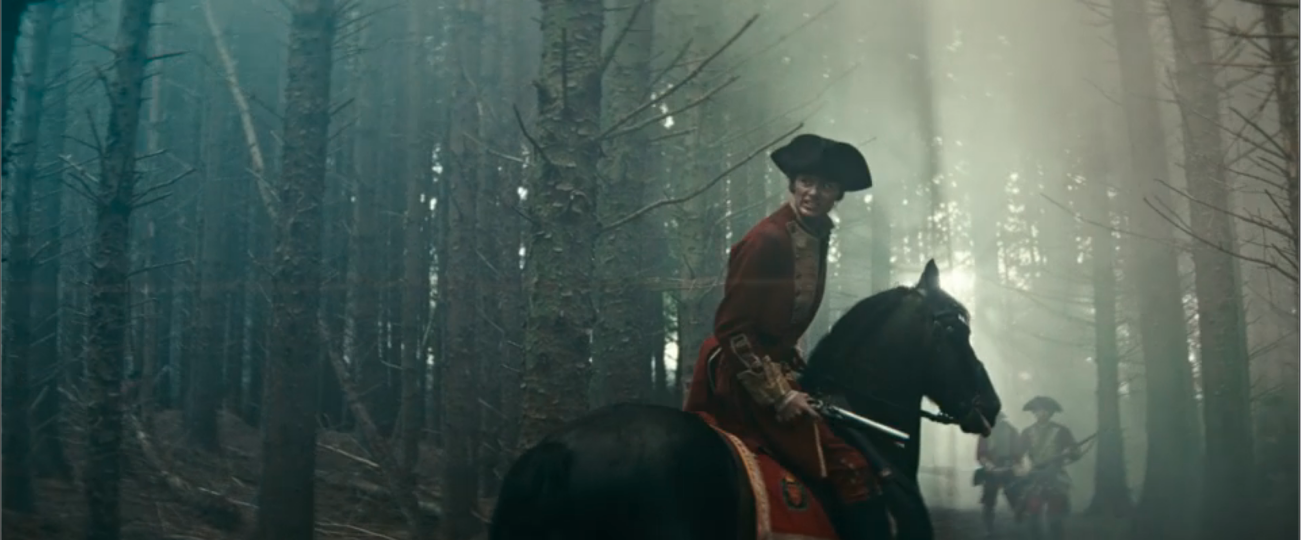 Young Washington on horseback in a misty forest.
