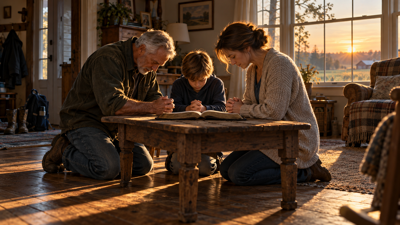 A grandfather, mother, and boy kneel around an open Bible in a lived-in home as morning sunlight crosses the wooden floor.