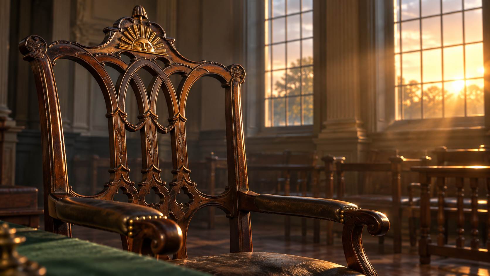 Dawn light catches the carved half-sun on a dark mahogany chair in an imagined eighteenth-century assembly room.