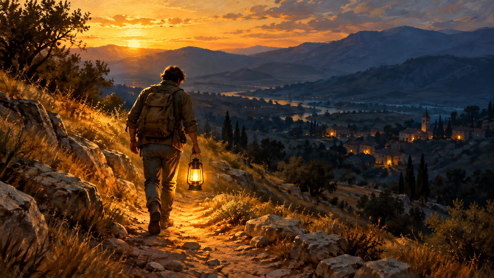 A figure with a lantern walking back down a hillside path at dusk toward the valley below.